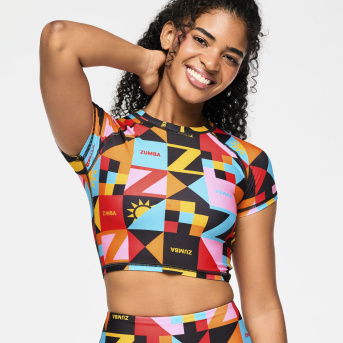 Zumba Rays Cap Sleeve Crop Top <Black/Aqua> | JWI OFFICIAL WEBSITE